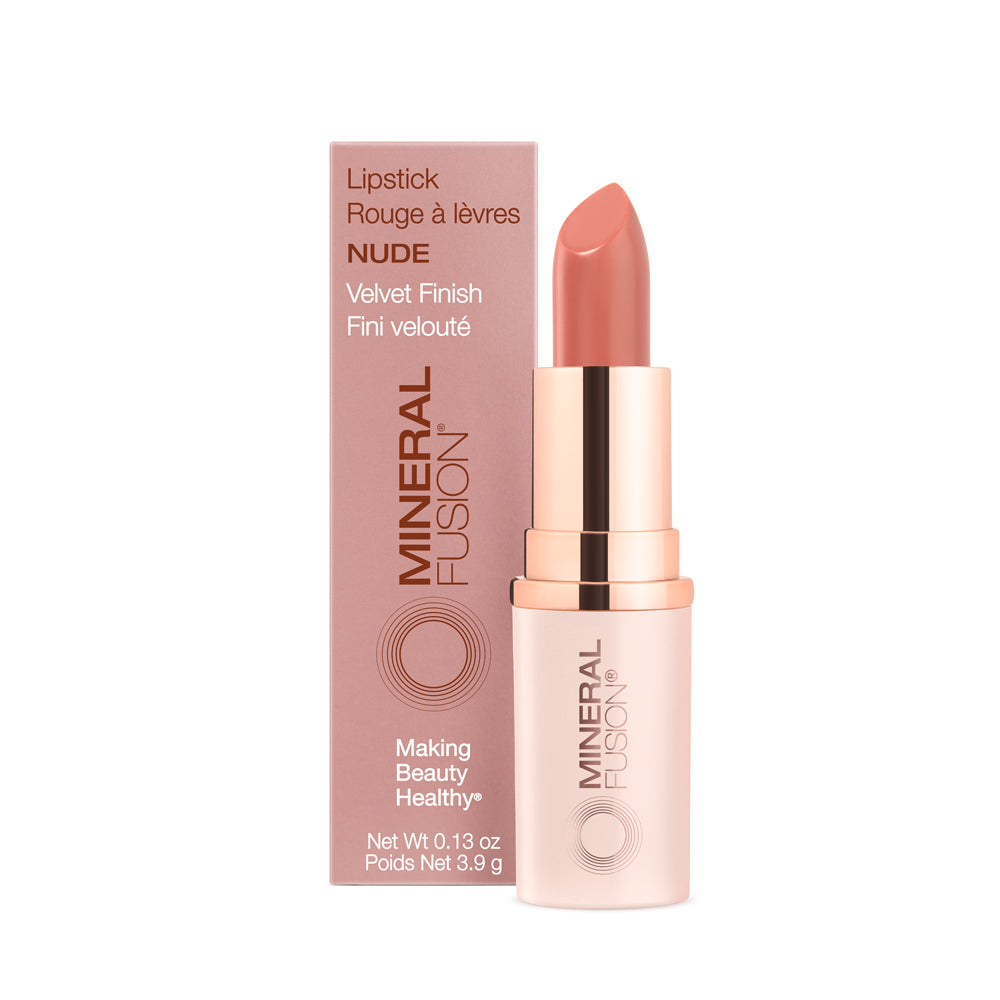 This image displays a stylishly packaged lipstick in a shade named "Nude." The lipstick, presented in a sleek pink tube with golden accents, is shown next to its matching box.