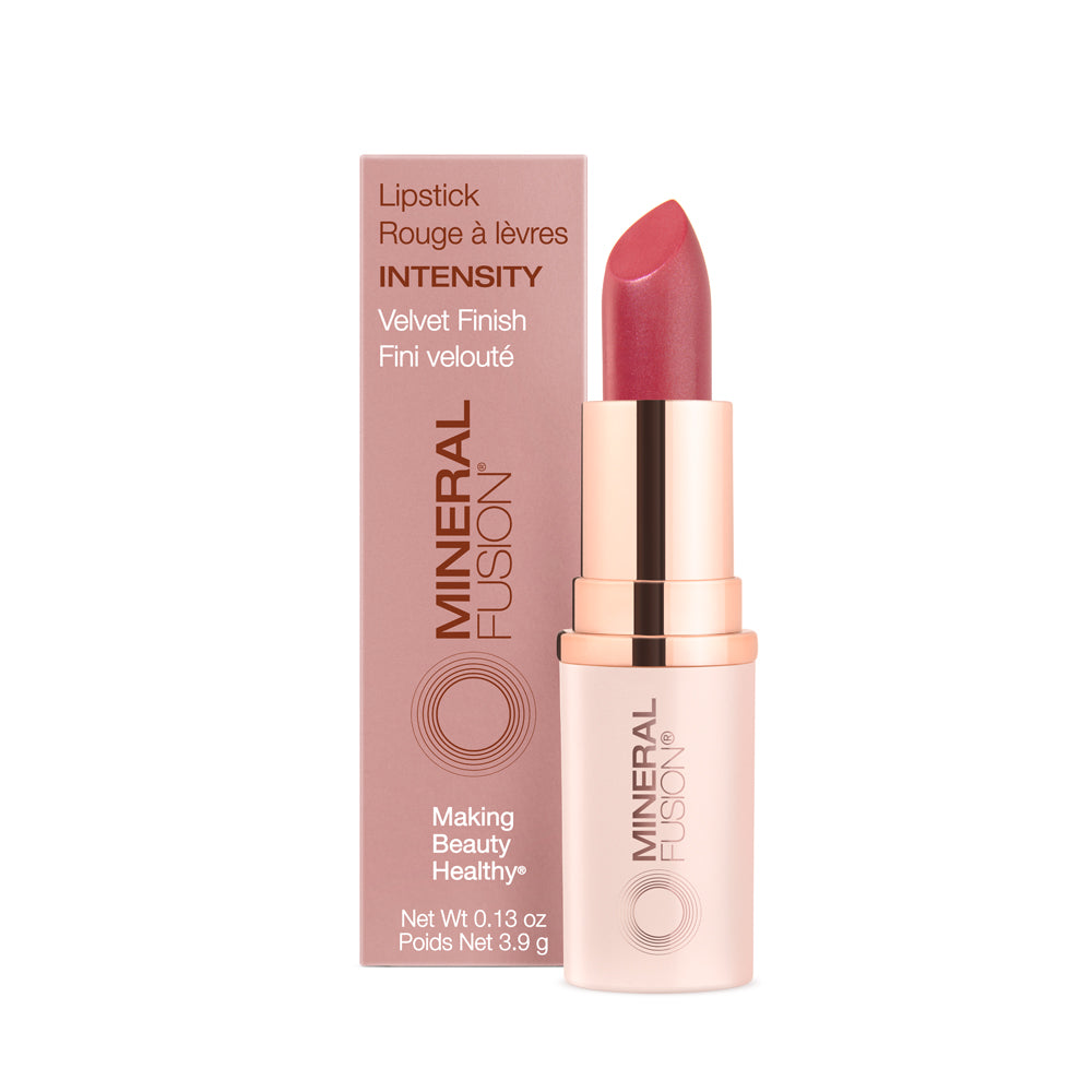 This image displays a lipstick product named "Intensity." The lipstick is presented in a sleek, rose gold tube that highlights its premium quality.