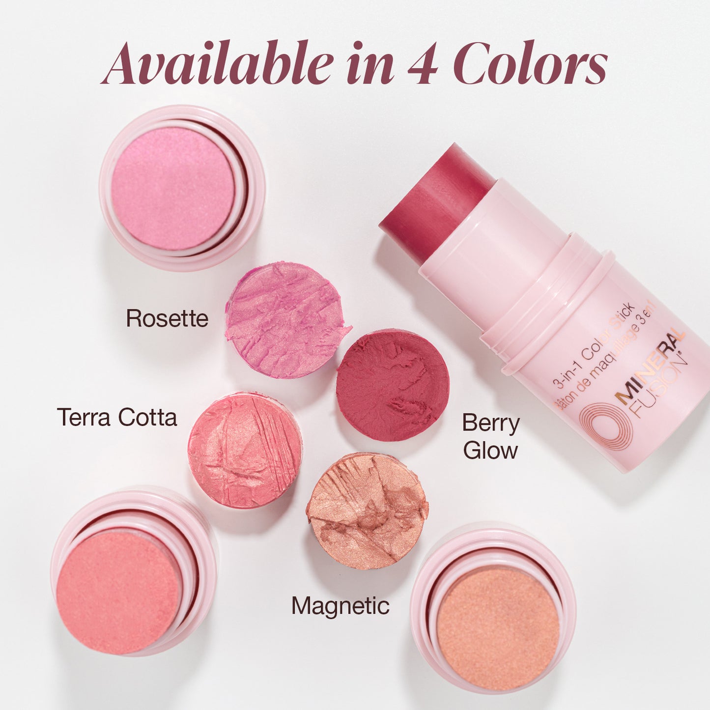 Pink makeup products with color names on a light background