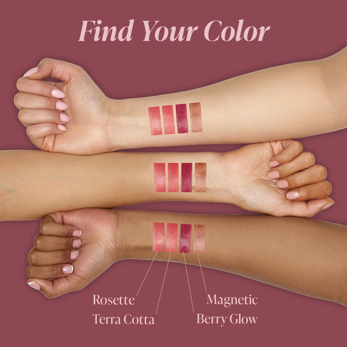 Lipstick swatches on a person's arm with 'Find Your Color' text and swatch names.