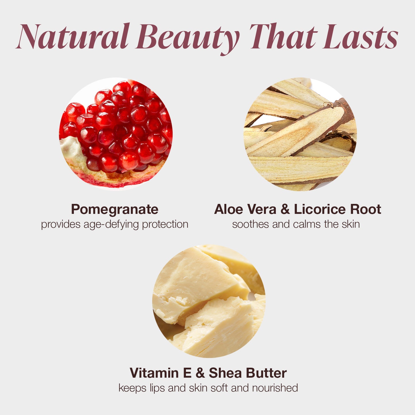 Ingredients for natural beauty products with pomegranate, aloe vera, licorice root, vitamin E, and shea butter on a light background.
