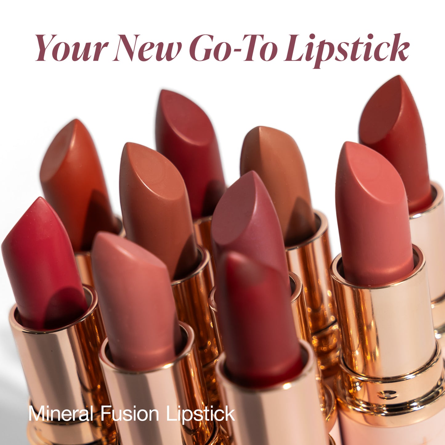Mineral Fusion lipstick collection with rose gold cases on a white background