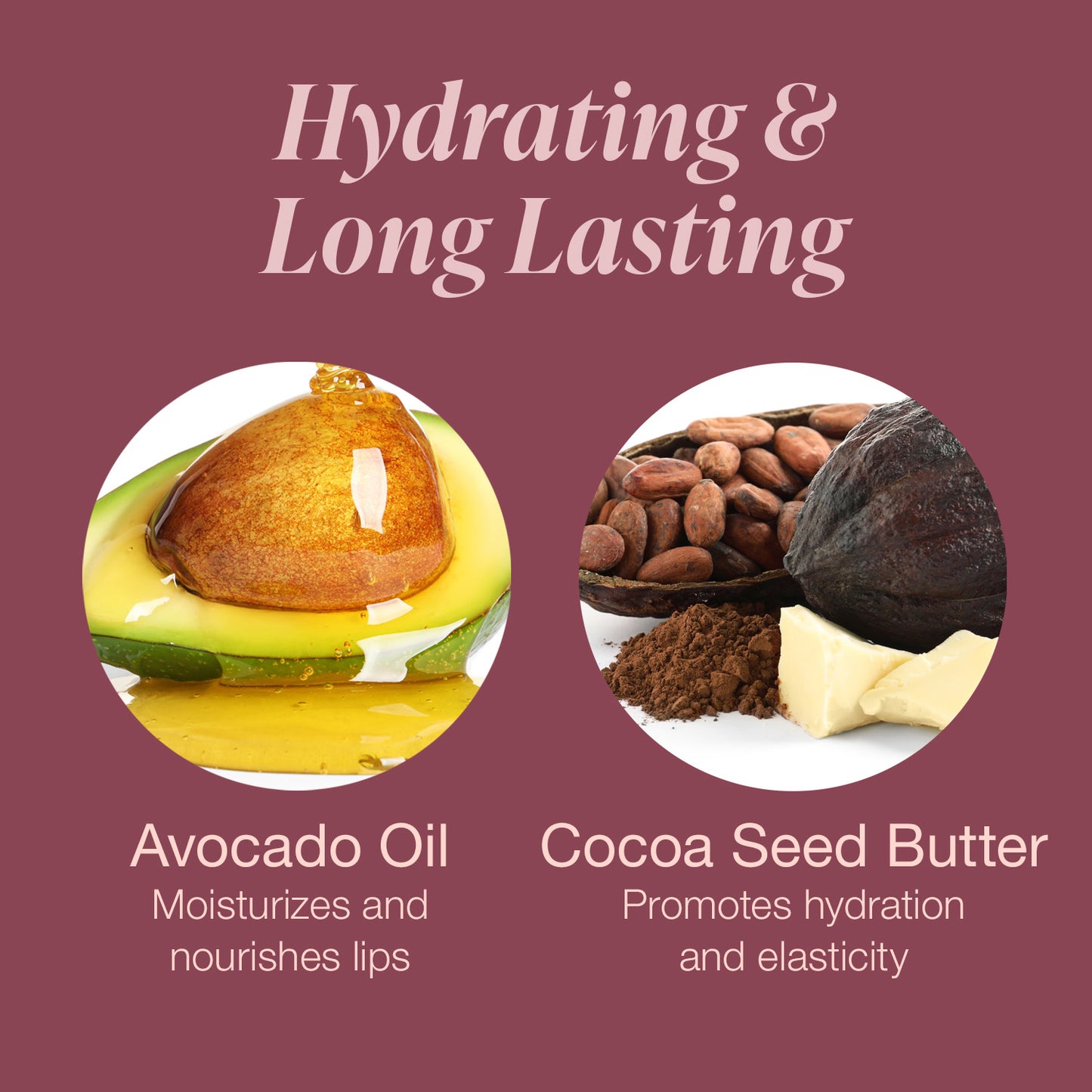 Avocado oil and cocoa seed butter with text on a purple background