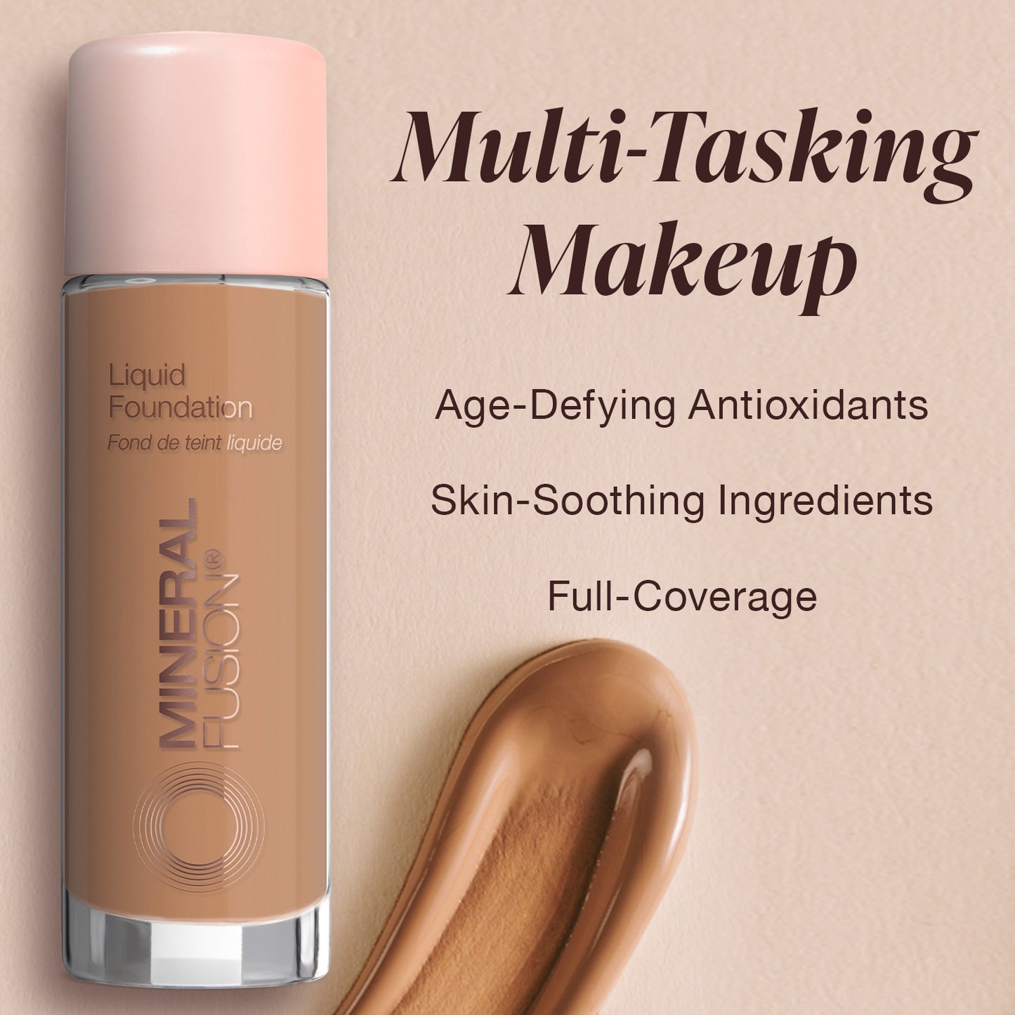 Mineral Fusion liquid foundation bottle with text highlighting features on a beige background