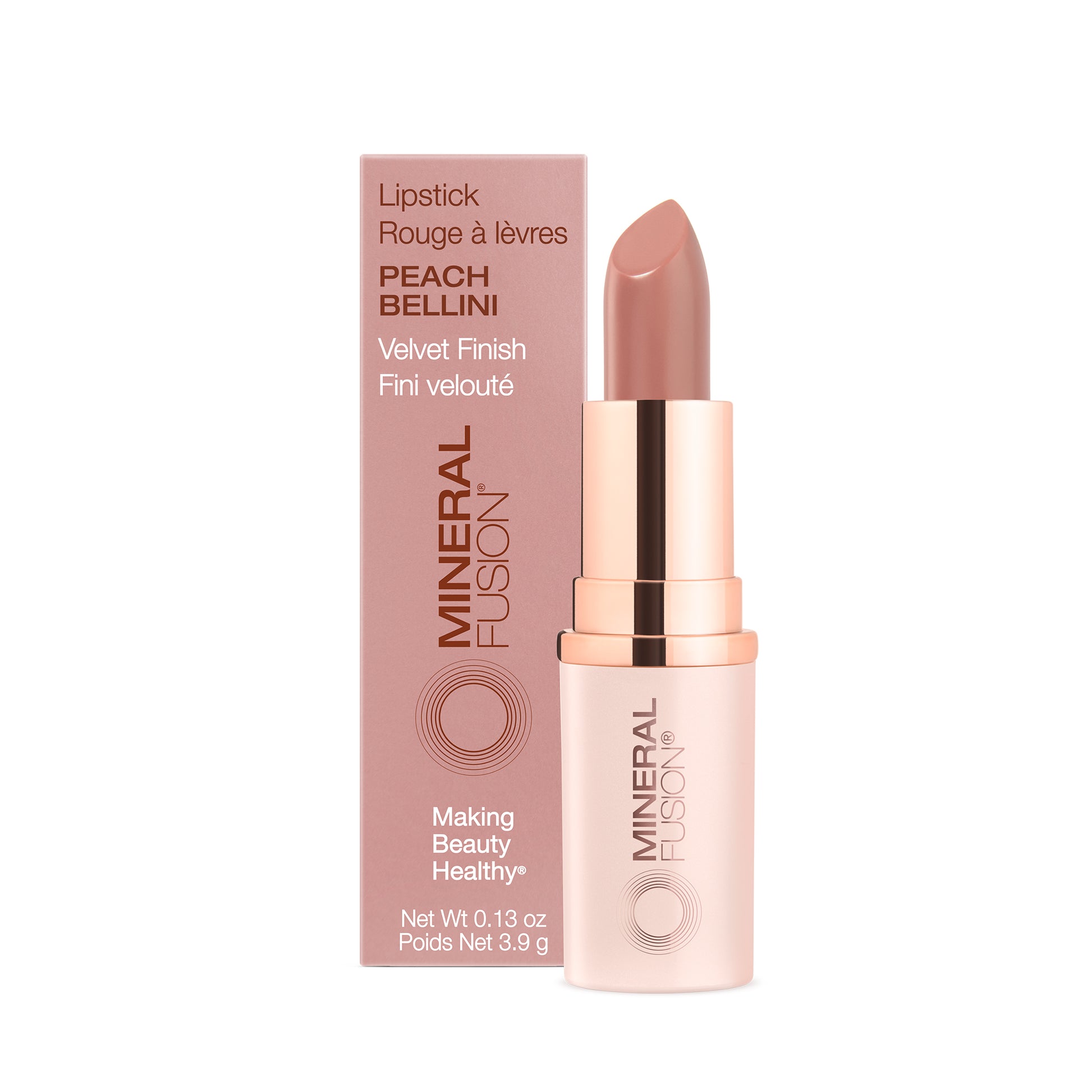 This image features a stylish tube of lipstick in a soft peach shade, labeled "LIPSTICK". The product boasts a "Velvet Finish" and is presented in a sleek, modern packaging with a rose gold accent.