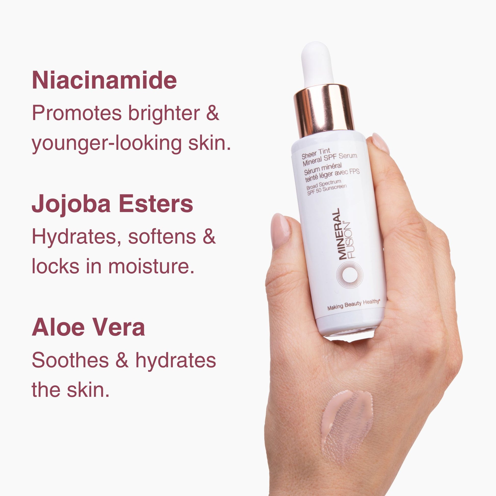 Skincare serum bottle held by a hand with text about ingredients on a white background