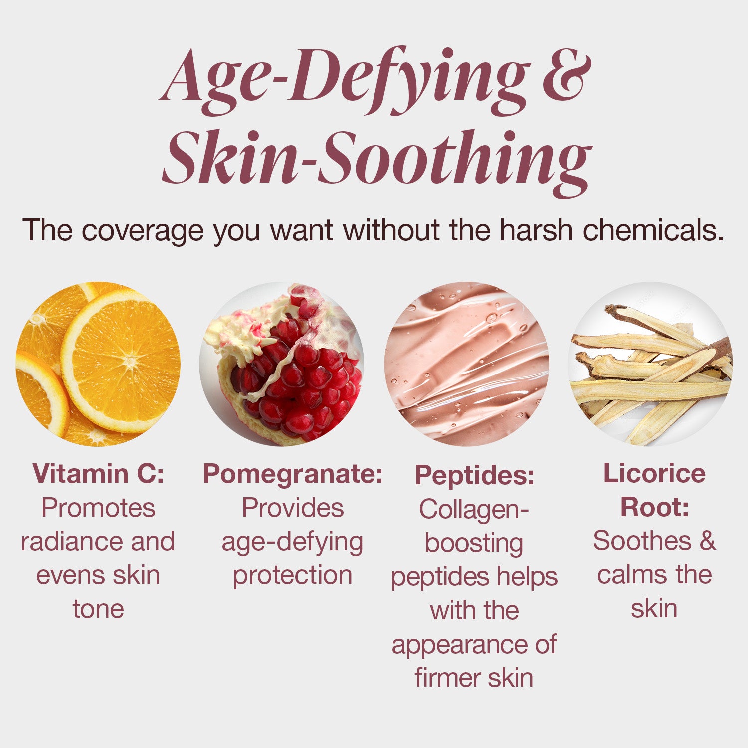 Product advertisement highlighting age-defying and skin-soothing properties with images of fruits and roots.
